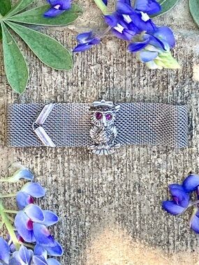 Vintage Sarah Coventry Signed “NOCTURNE" Silver-Tone Mesh Slide Owl Bracelet